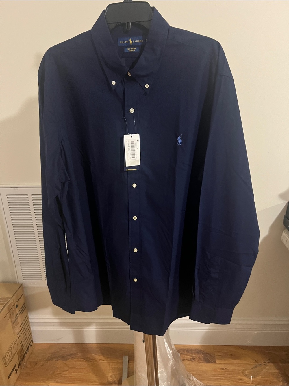 Ralph Lauren Men's Button-Down Dress Shirt Navy 100% Cotton Stretch Blue Pony
